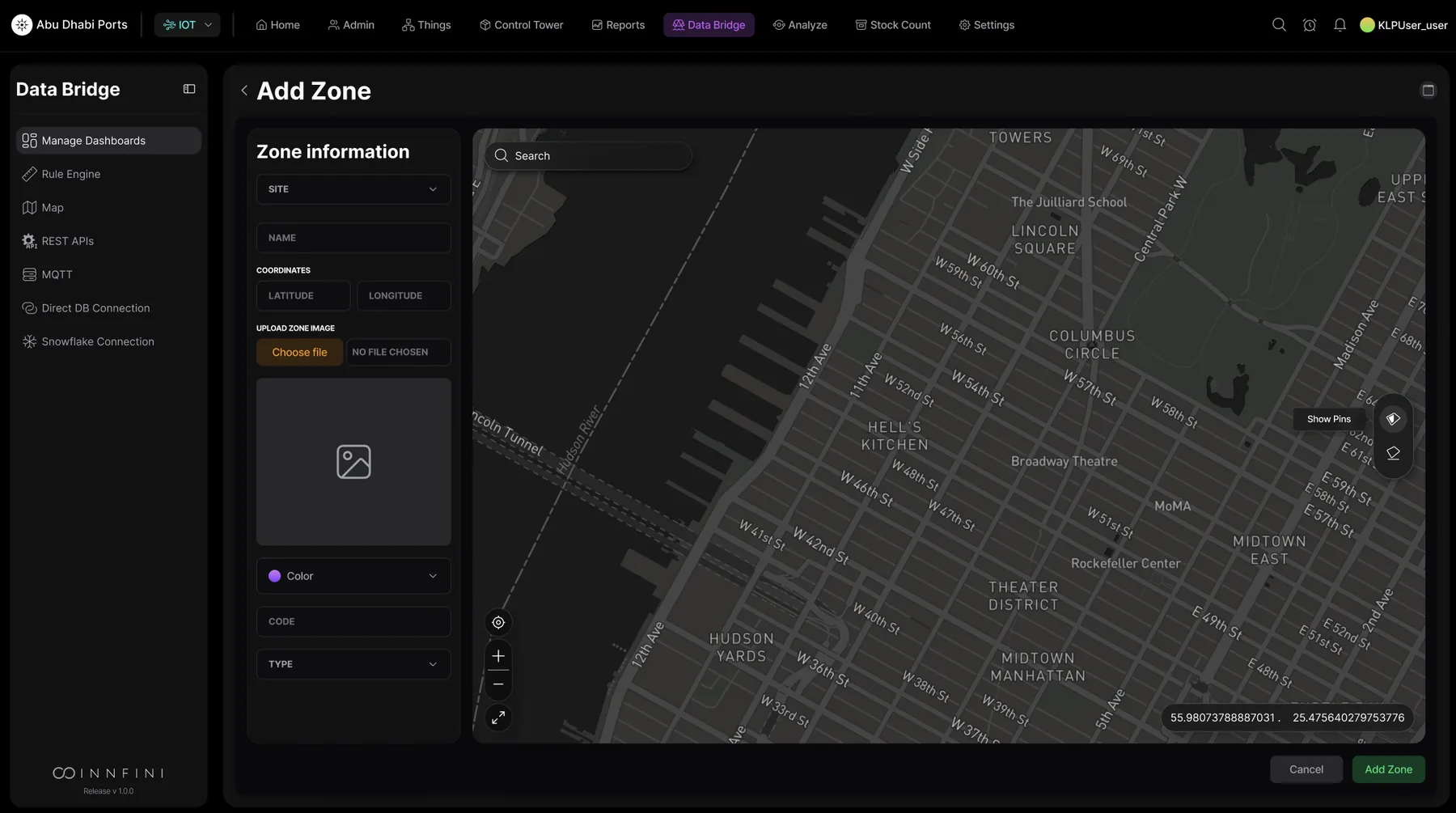 Add Zone configuration — site selector, coordinates, zone image upload, color, code and type with Manhattan map