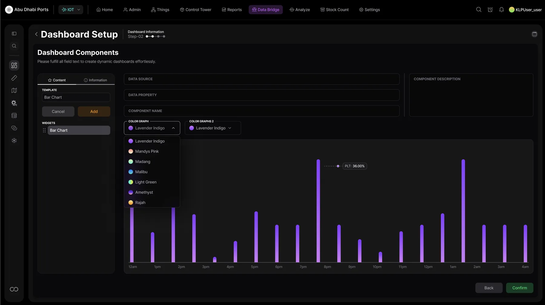 Dashboard Components builder — bar chart template, color graph picker, live preview