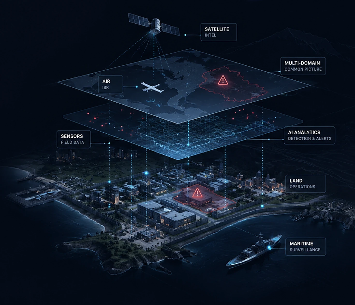 Multi-domain operating picture — satellite, air ISR, an AI analytics layer and a common operating picture above a coastal city with land and maritime units