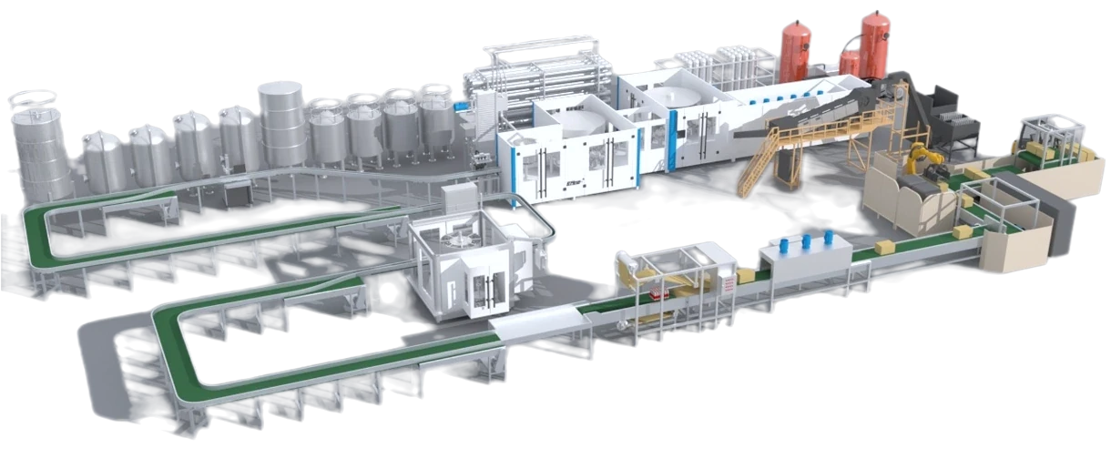 Process and packaging line — tank farm, filler, capper, case packer and palletiser
