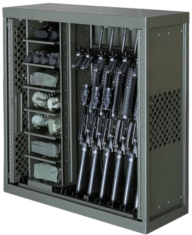 RFID-tagged weapon storage cabinet, rifles racked on the right and kit on the shelves